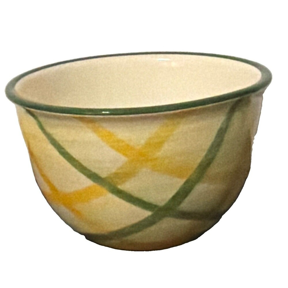 Vintage Vernonware Authentic Plaid Ceramic Bowl, Green/Yellow/Cream 8in USA 1955
